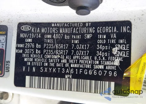 2015 Kia Sorento Lx z USA, uszkodzony, nr VIN 5XYKT3A61FG660796